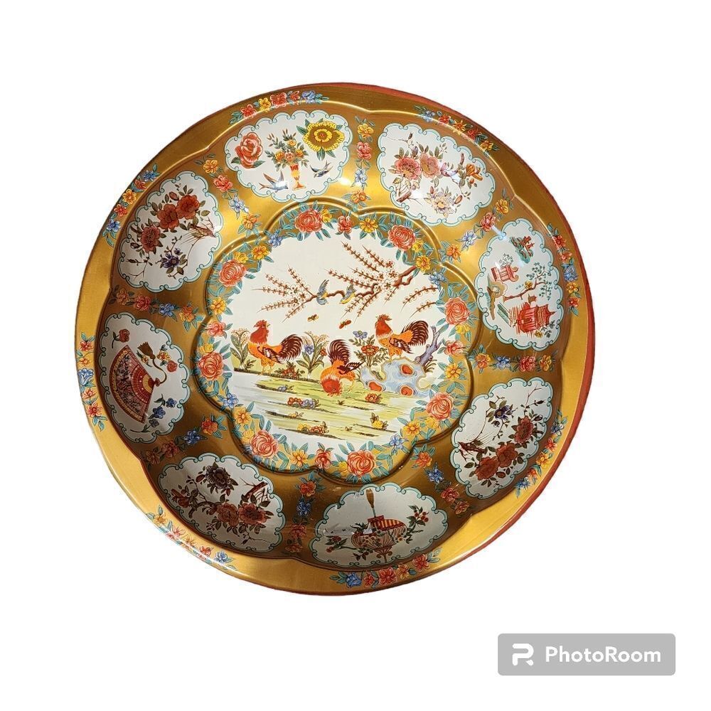 Vintage Daher Decorated Ware 11101 1971 England Rooster Asian Tin Serving Bowl